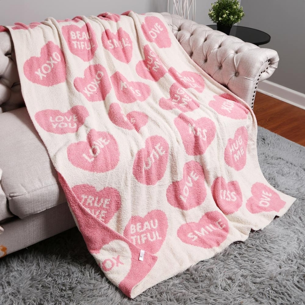 White Pink Heart Patterned Blanket Design Reversible Throw Love Notes